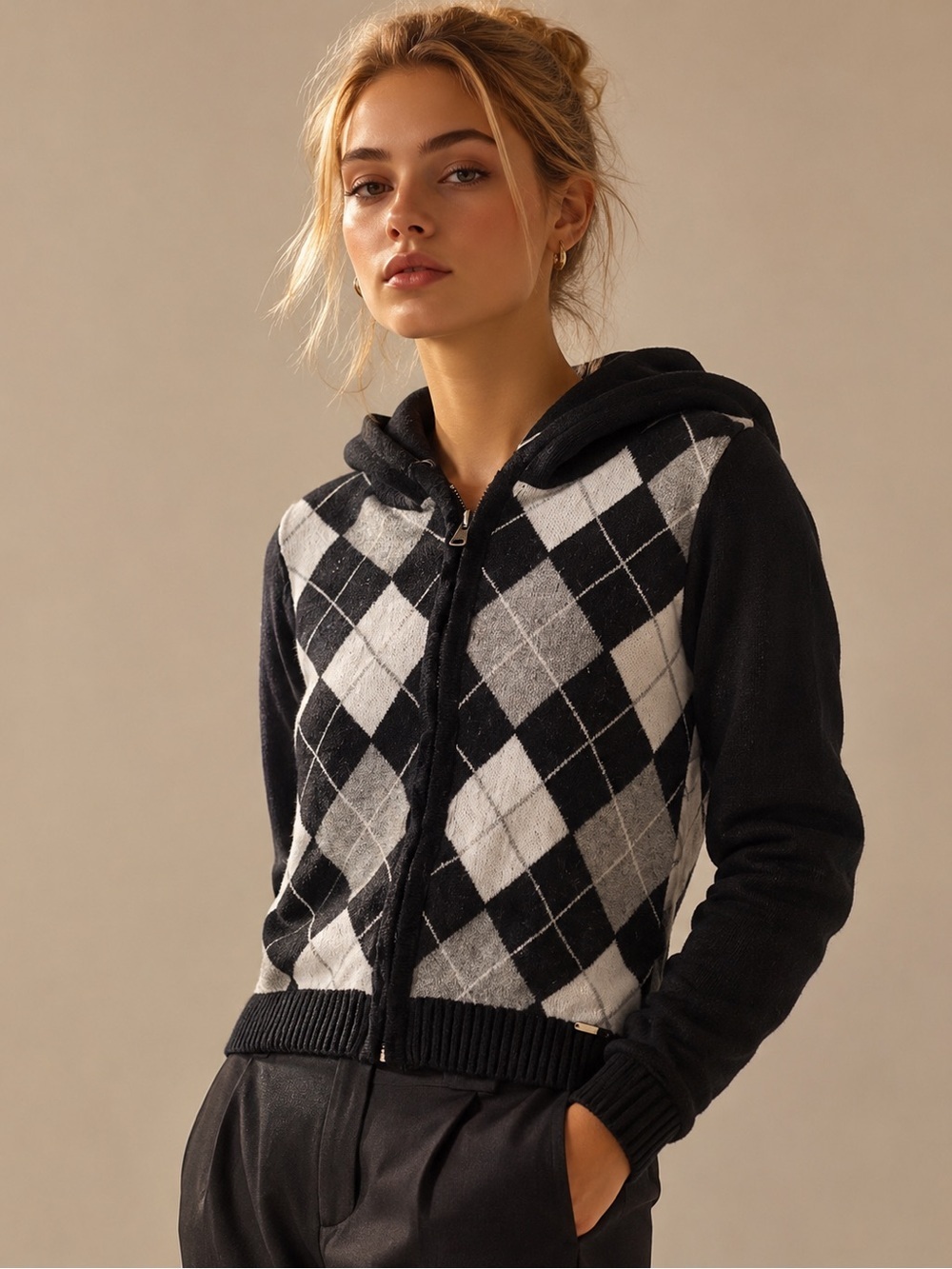 Hollister Argyle Zip Up Hooded Sweater Women’s Small Black Gray Cropped Y2K